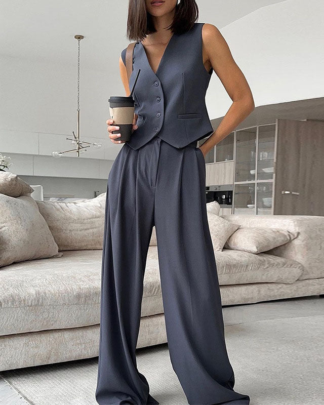 Mune Fashion | Neckline Sleeveless Vest with Wide Leg Pantsuit