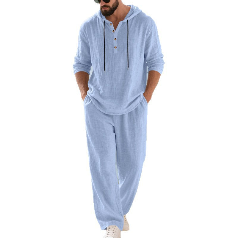 Men's casual linen two-piece set with hooded Henley-style shirt and loose-fitting leisure pants Mune Fashion
