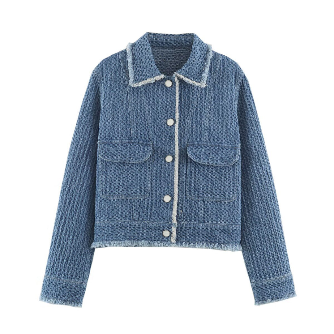 Women's Short Cut Boucle Tweed Boxy Jacket with Fringe Trim and Applied Flap Pockets Drune