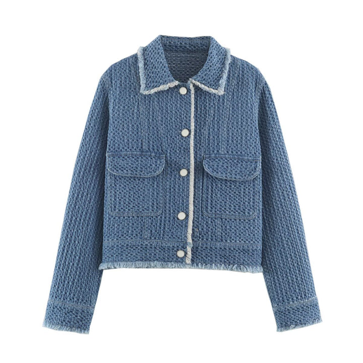 Women's Short Cut Boucle Tweed Boxy Jacket with Fringe Trim and Applied Flap Pockets Drune