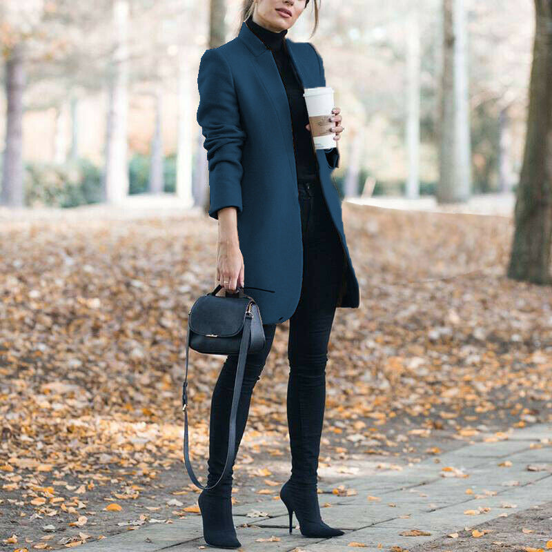 Women's tailored wool coat with stand-up collar and concealed button placket Mune Fashion