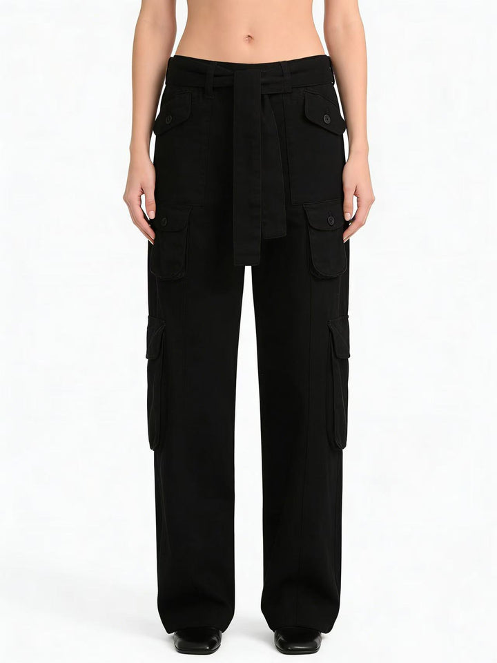 Women's loose cargo trousers with high waist, tie belt and multiple flap pockets Mune Fashion