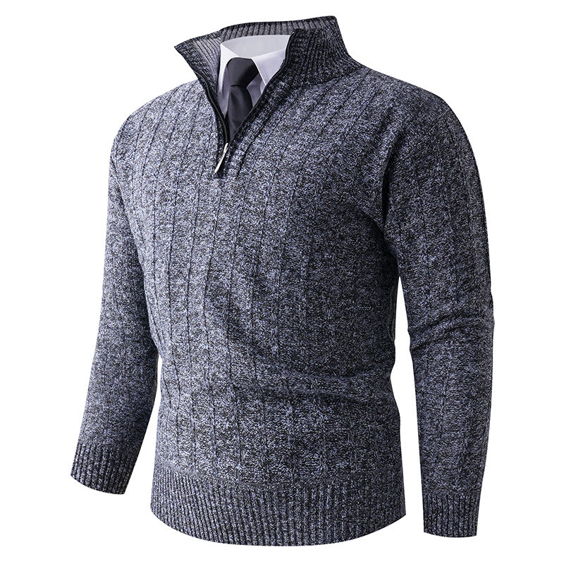Men's fine knit half-zip pullover with high standing collar, ribbed and cable pattern Mune Fashion