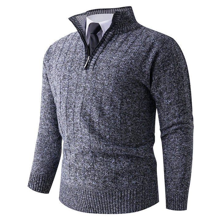 Men's fine knit half-zip pullover with high standing collar, ribbed and cable pattern Mune Fashion
