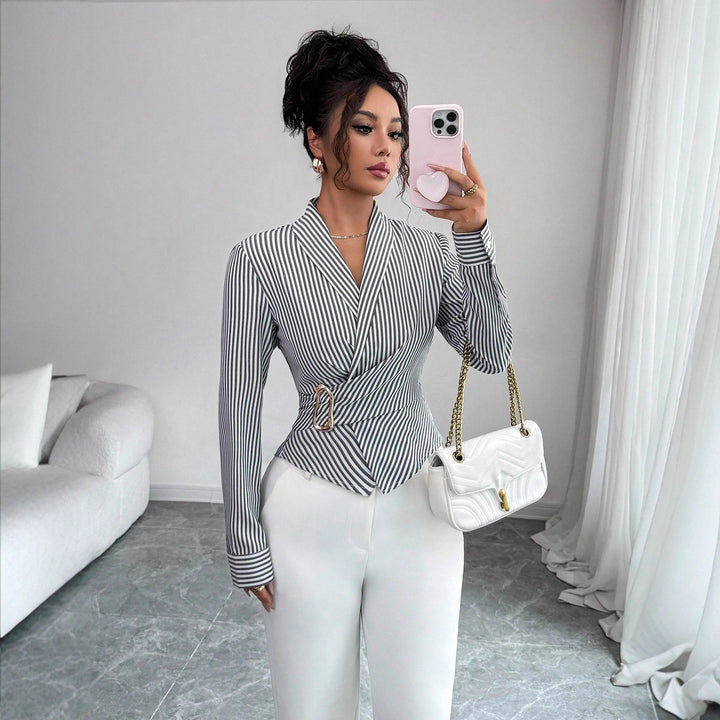 Women's fitted wrap blouse with lapel collar and decorative metal buckle Mune Fashion
