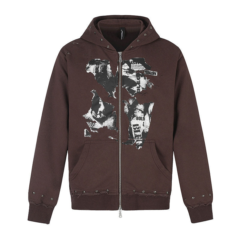 Women's hooded sweatshirt jacket with two-way zipper, frayed hem, stud detailing, and collage print Mune Fashion