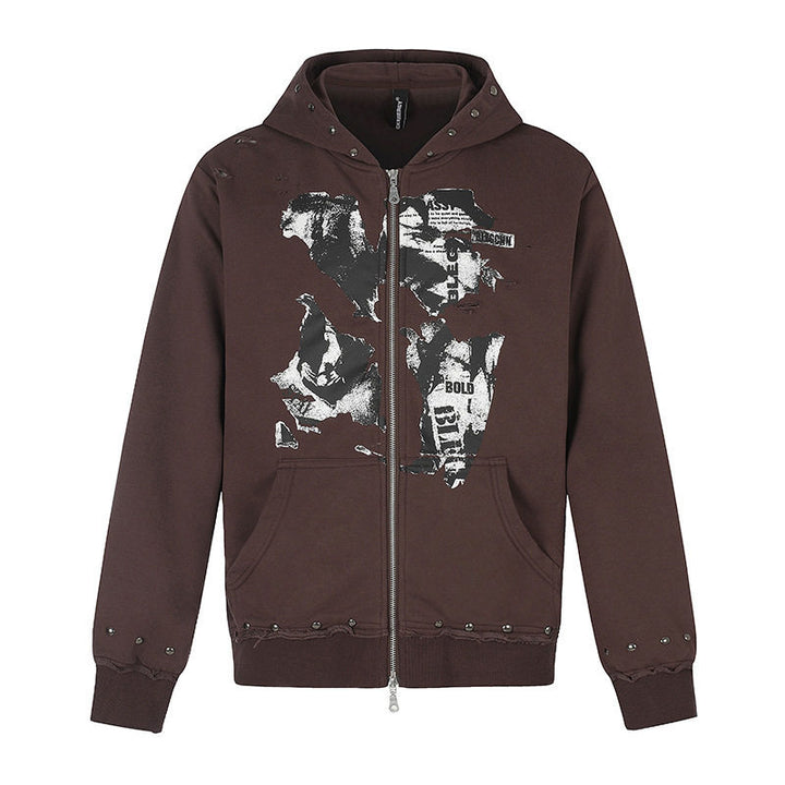 Women's hooded sweatshirt jacket with two-way zipper, frayed hem, stud detailing, and collage print Mune Fashion