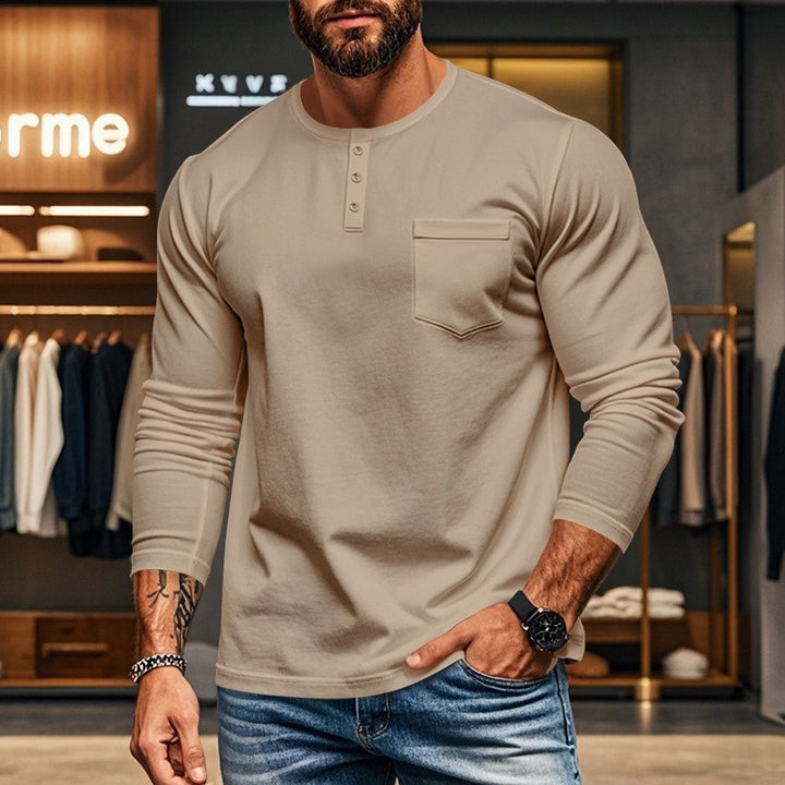 Men's fitted Henley long sleeve shirt with chest pocket and fine stretch jersey Mune Fashion