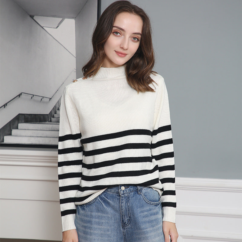 Women's Striped Turtleneck Sweater with Decorative Shoulder Buttons and Ribbed Cuffs Mune Fashion