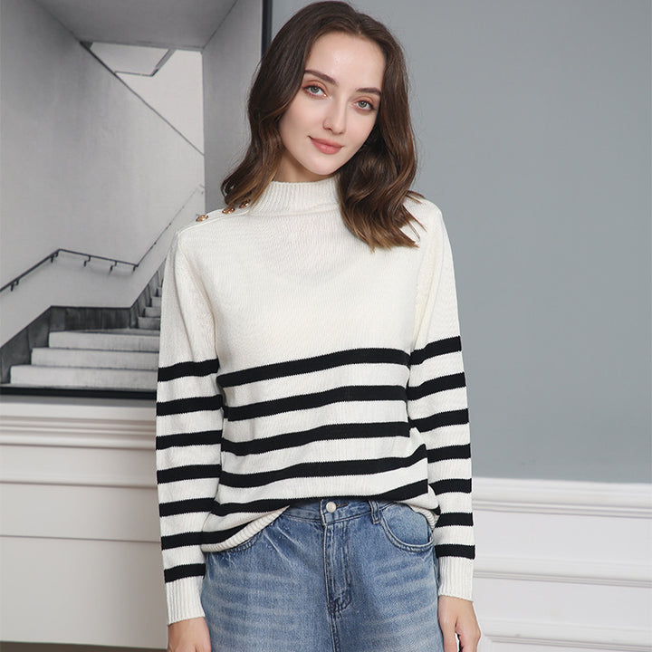 Women's Striped Turtleneck Sweater with Decorative Shoulder Buttons and Ribbed Cuffs Mune Fashion