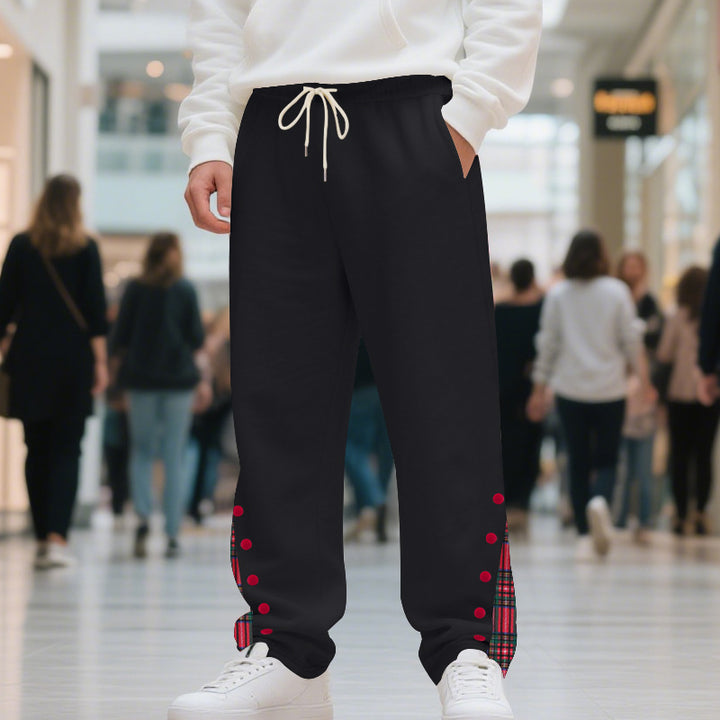 Men's Relaxed-Fit Jogging Pants with Check Side Panel, Snap Button Placket & Drawstring
