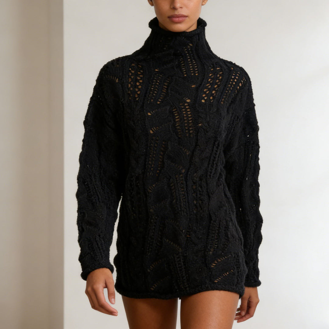 Women's Oversize Turtleneck Sweater with Openwork Cable Pattern Mune Fashion