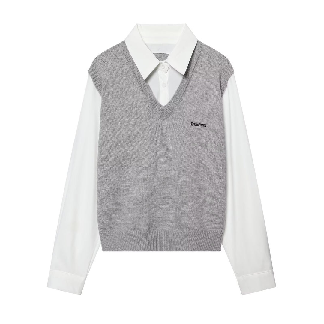 Ladies Layered Look Shirt with V-Neck Knit Vest Mune Fashion