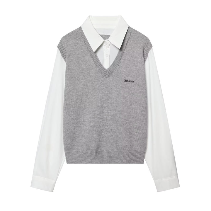 Ladies Layered Look Shirt with V-Neck Knit Vest Mune Fashion