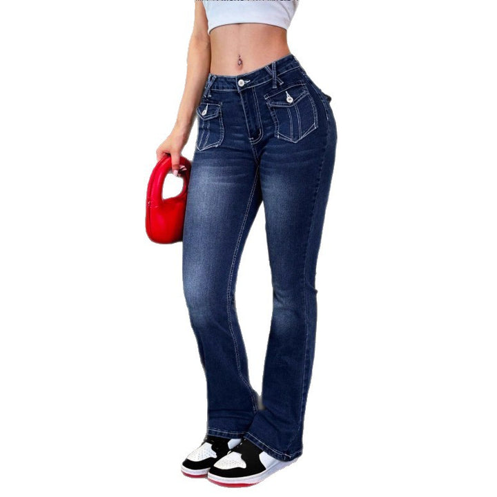 Women's High-Waisted Stretch Jeans with Light Flare and Decorative Pockets Mune Fashion
