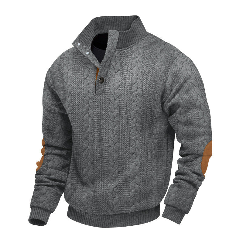 Men's cable knit turtleneck with stand-up collar, half button placket, and contrasting leather applications Mune Fashion