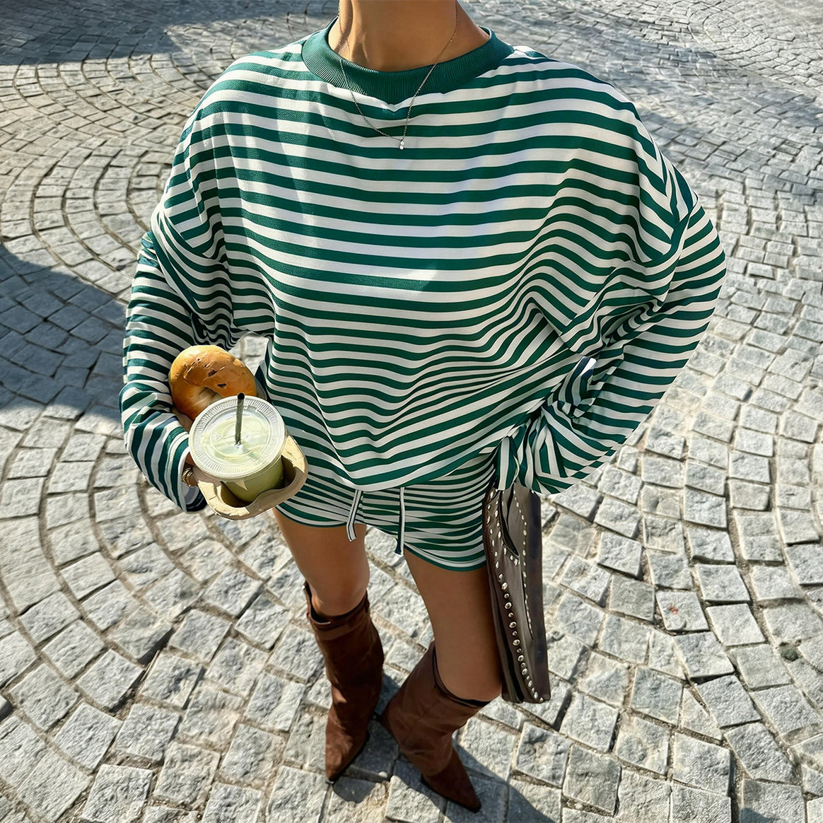 Women's striped oversized lounge set with cropped sweatshirt and drawstring shorts Mune Fashion