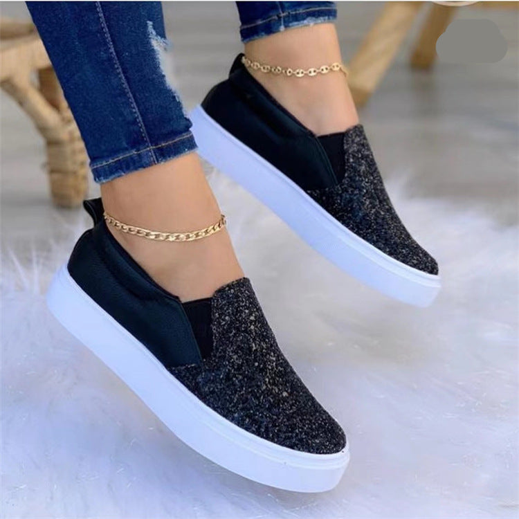 Women Slip-On Platform Sneaker with Glitter Front, Padded Heel Area and White Profile Sole Mune Fashion