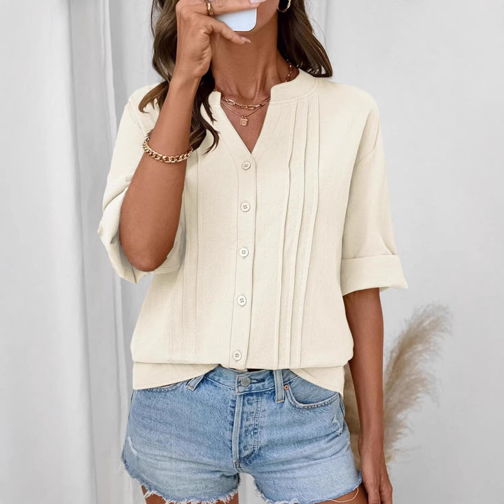 Women Loose Tunic Shirt with Pleats and Three-Quarter Sleeves Mune Fashion