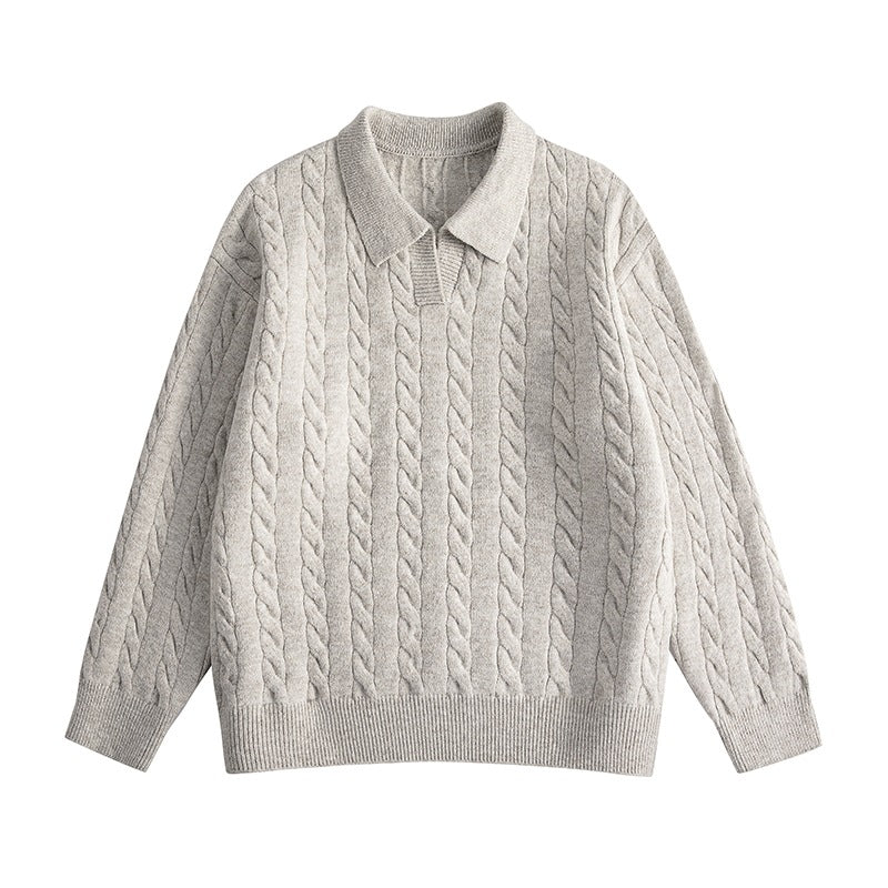 Women's Oversized Cable Knit Polo Sweater with V-Neck and Ribbed Hem Mune Fashion