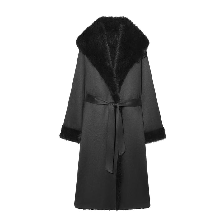 Women longer coat with faux fur trim and tie belt Mune Fashion