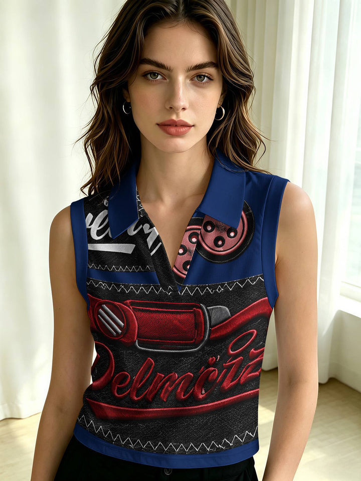Women's sleeveless polo shirt crop top with V-neck, classic collar, and patriotic print Mune Fashion