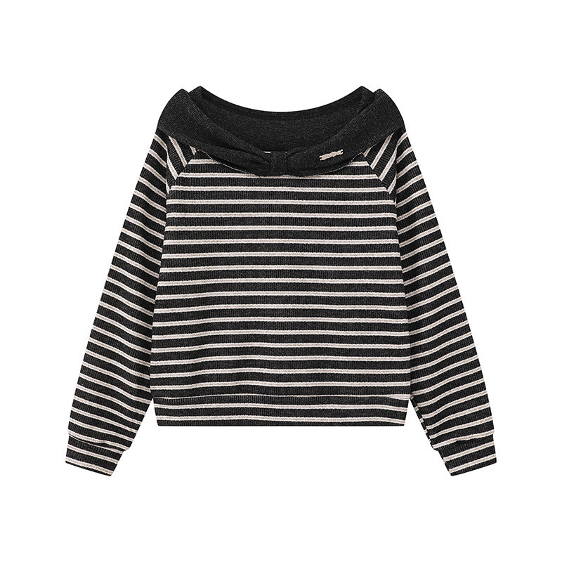 Women's Knitted Short Sweater with Off-Shoulder Cut, Bow Detail and Horizontal Striped Pattern Mune Fashion