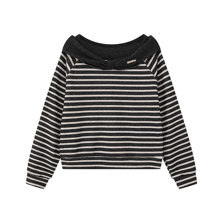 Women's Knitted Short Sweater with Off-Shoulder Cut, Bow Detail and Horizontal Striped Pattern Mune Fashion