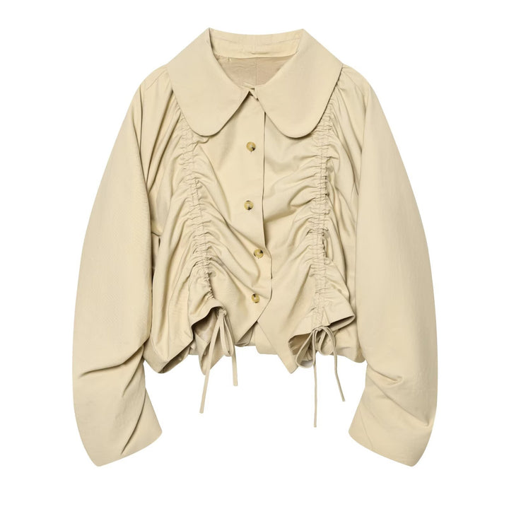 Women's Short Gathered Blouson Jacket with Large Peter Pan Collar Mune Fashion