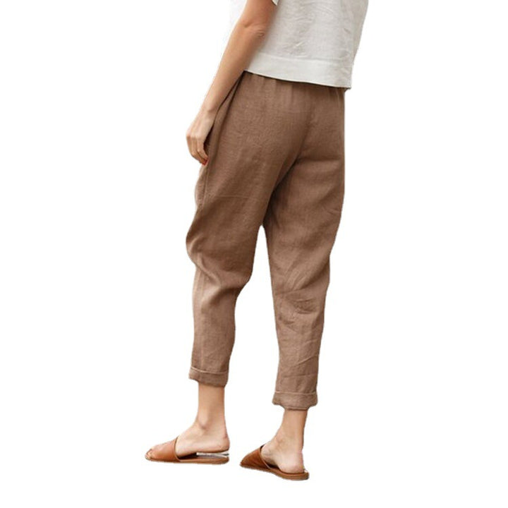 Women's light linen pants with elastic waistband, side pockets, and rolled hem Mune Fashion