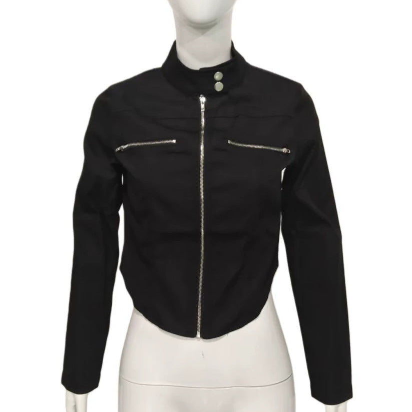 Women's Tailored Bonded Canvas Biker Jacket with Stand-Up Collar and Chest Zippers Mune Fashion