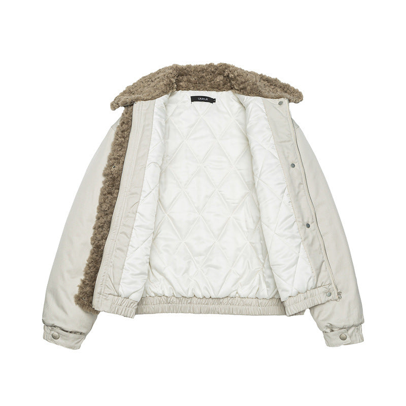 Women's Short Cut Teddy-Lined Blouson Jacket with Faux Fur Collar Mune Fashion