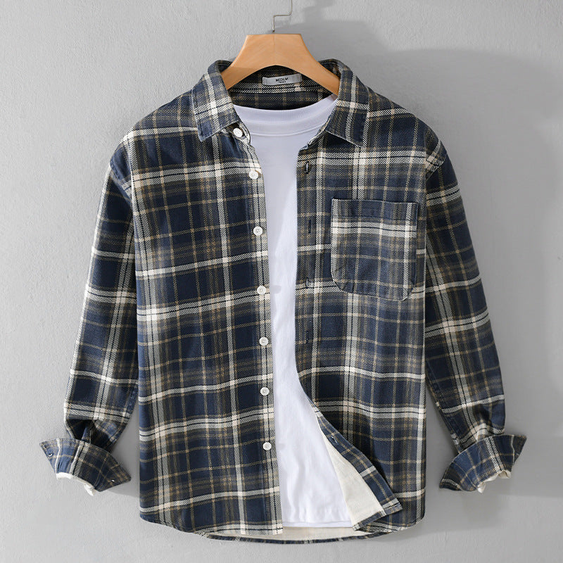 Men's Checked Flannel Overshirt in Vintage Look with Patch Chest Pocket and Curved Hem Mune Fashion