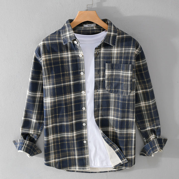 Men's Checked Flannel Overshirt in Vintage Look with Patch Chest Pocket and Curved Hem Mune Fashion