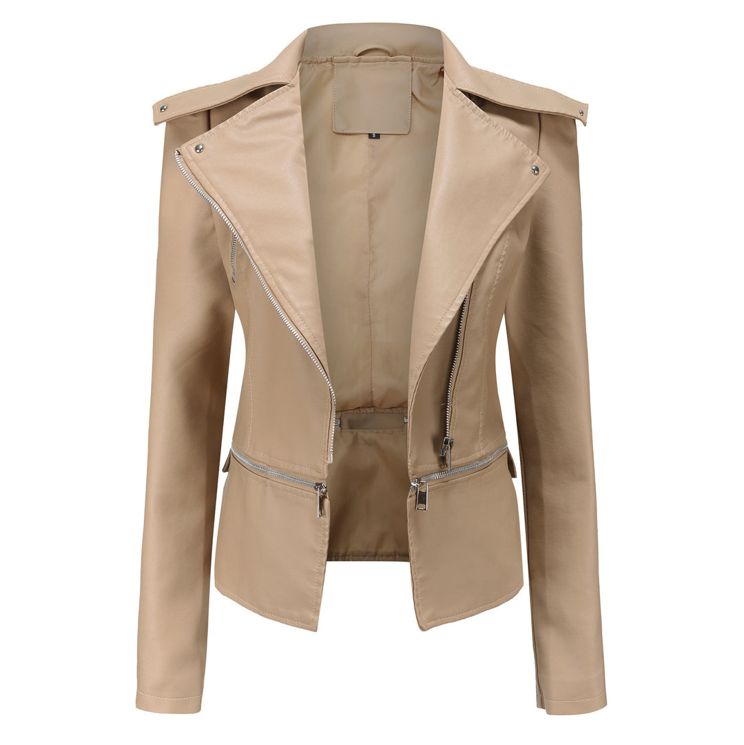 Women nan tailored biker jacket made of faux leather with asymmetric zipper and decorative epaulettes Mune Fashion