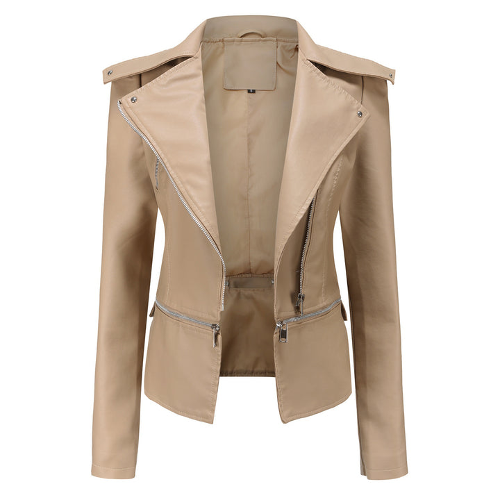 Women nan tailored biker jacket made of faux leather with asymmetric zipper and decorative epaulettes Mune Fashion