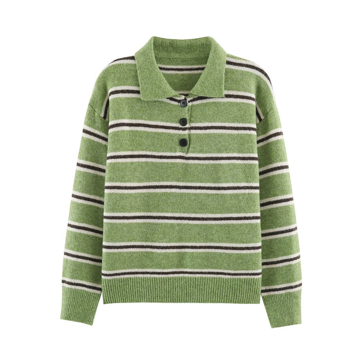Women Oversized Sweater with Polo Collar and Breton Stripes Mune Fashion
