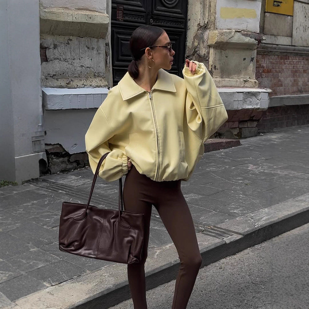Women's Oversize Bomber Jacket with Oversized Balloon Sleeves and Zipper Mune Fashion