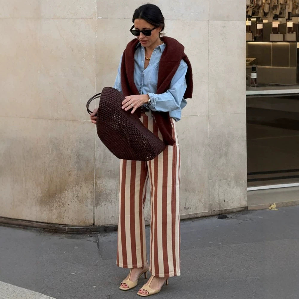 Women's Striped High-Waist Linen Pants with Wide Leg Mune Fashion
