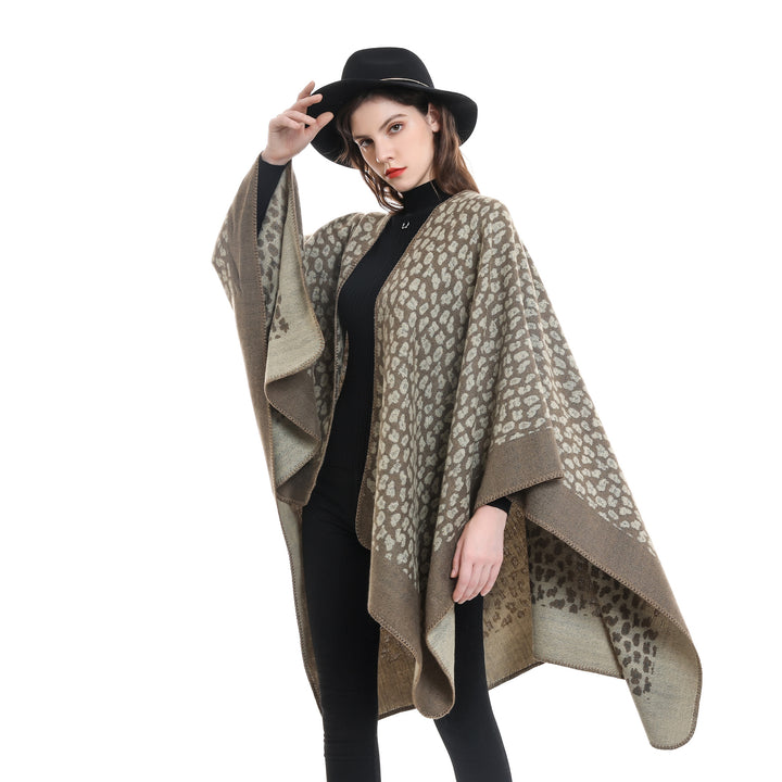 Women Wool Blend Ruana with tonal leopard jacquard and boxy kimono drape
