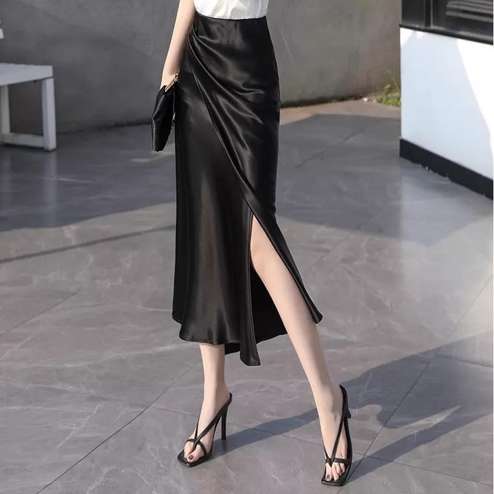 Women Elegant Satin Midi Skirt Mune Fashion