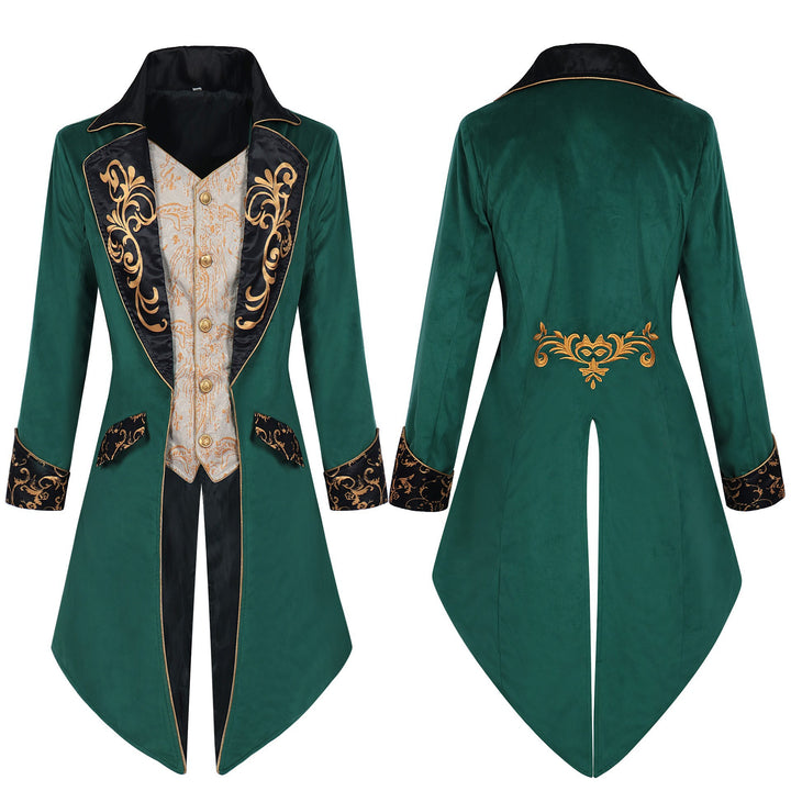 Men's elegant tailcoat in Baroque style with gold-embroidered lapels and split tail.