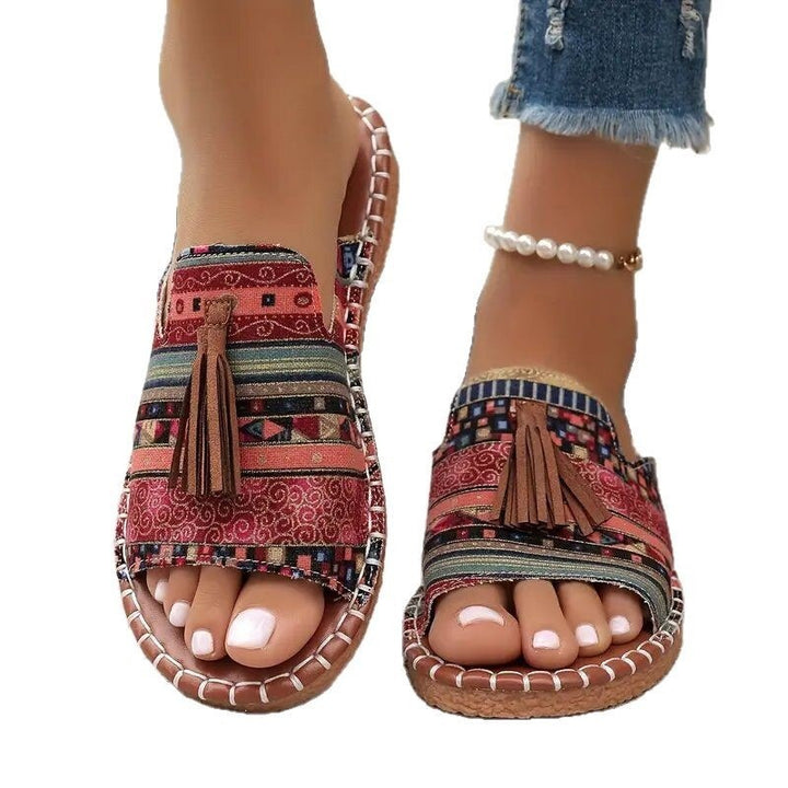 Women's Boho-Ethno-Tassel-Slides with Braided Sole and Padded Insole Mune Fashion