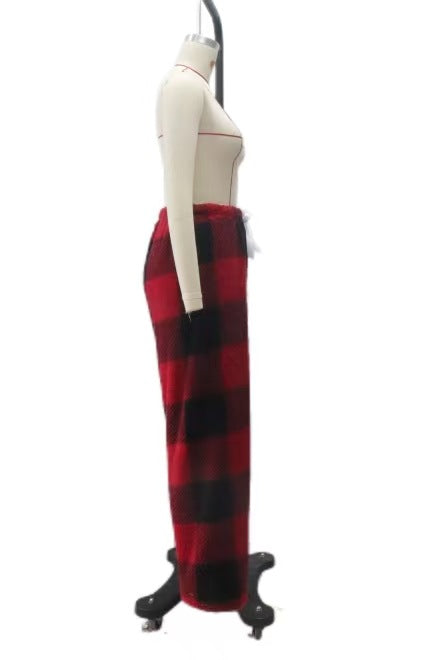 Women's cozy checked fleece pants with drawstring waistband and wide leg Mune Fashion