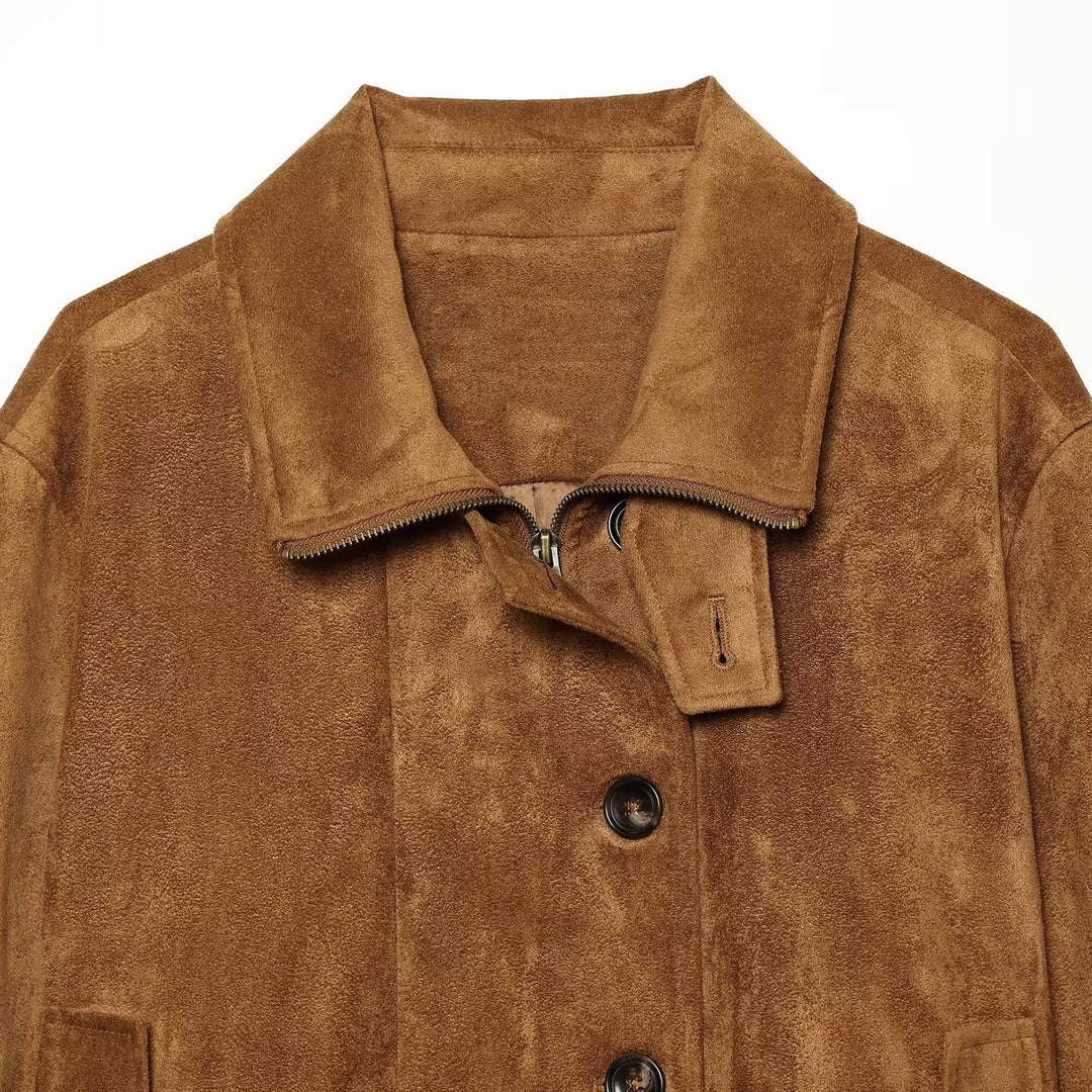 Women's short blouse jacket made of velour suede with button placket, concealed zipper, and elastic hem Mune Fashion