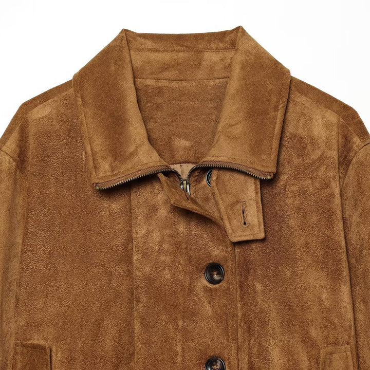 Women's short blouse jacket made of velour suede with button placket, concealed zipper, and elastic hem Mune Fashion