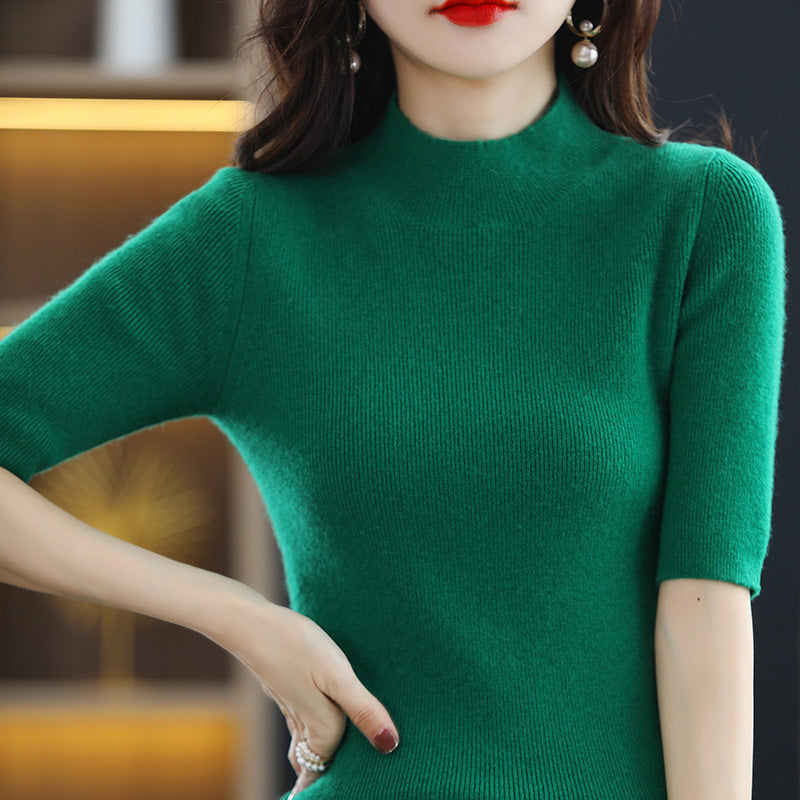 Women's Short Sleeve Fine Knit Sweater with Stand-Up Collar and Tailored Fit Mune Fashion