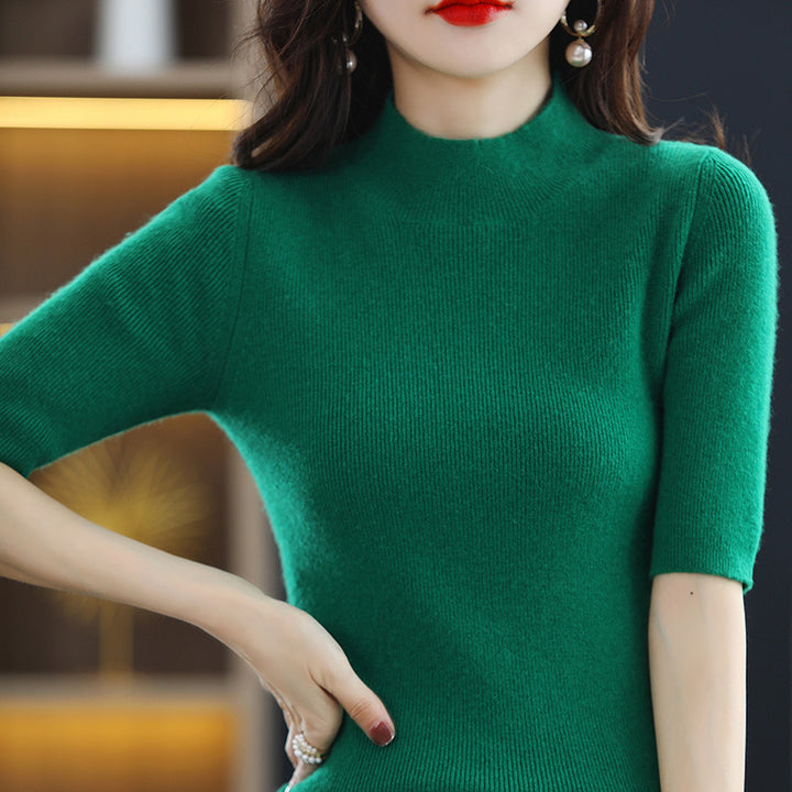 Women's Short Sleeve Fine Knit Sweater with Stand-Up Collar and Tailored Fit Mune Fashion