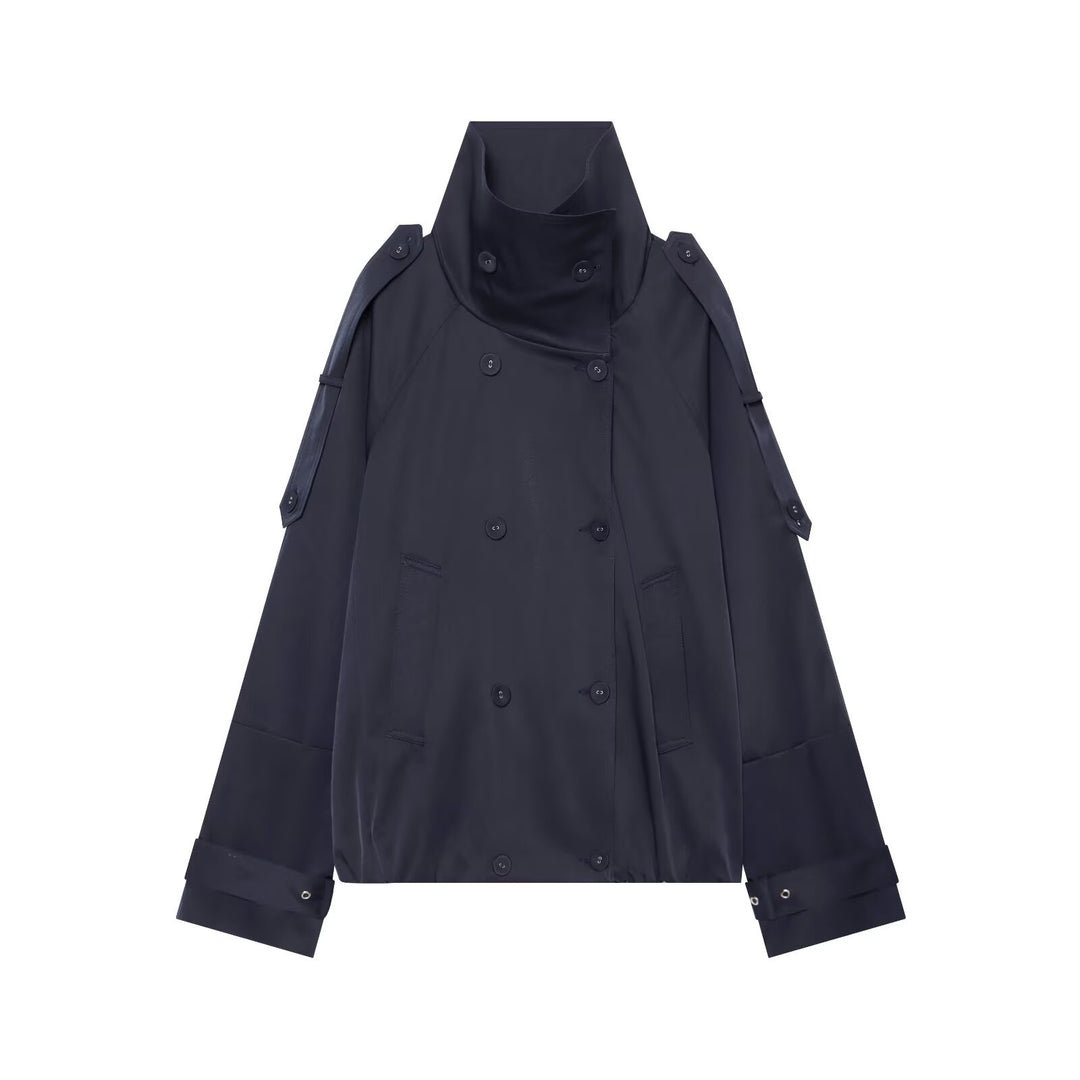 Women's Short Cut Double Breasted Trench Coat with High Stand Collar and Cape Sleeves Mune Fashion