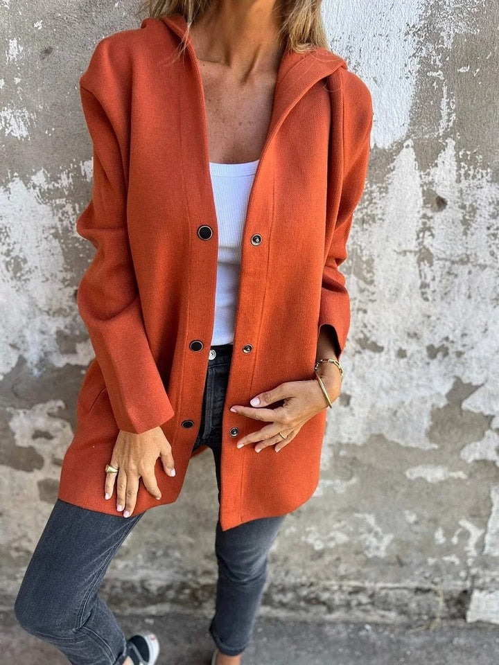 Women's hooded coat mid-length cotton blend with snap button placket and side pockets Mune Fashion